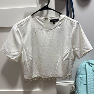 Lulu's White Crop Top with Beaded Hem